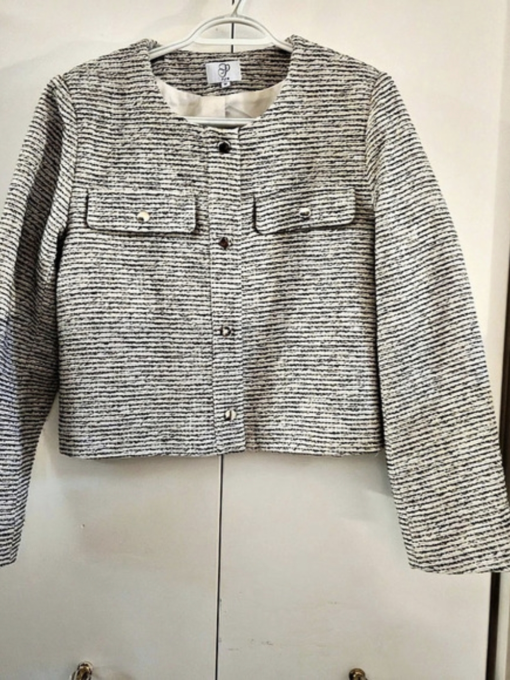 PLM Black & White Textured Tweed Cropped Jacket Blazer Size M Like New